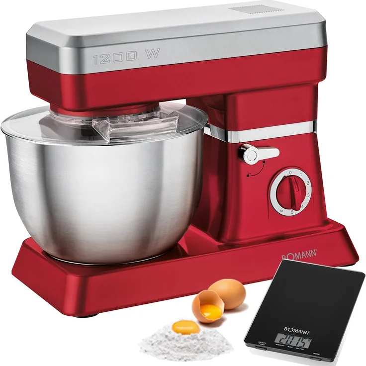 Bomann KM 398 Küchenmaschine, 1200W, 6,3 L Schüssel, inkl. Küchenwaage, 8 Geschwindigkeiten, rot