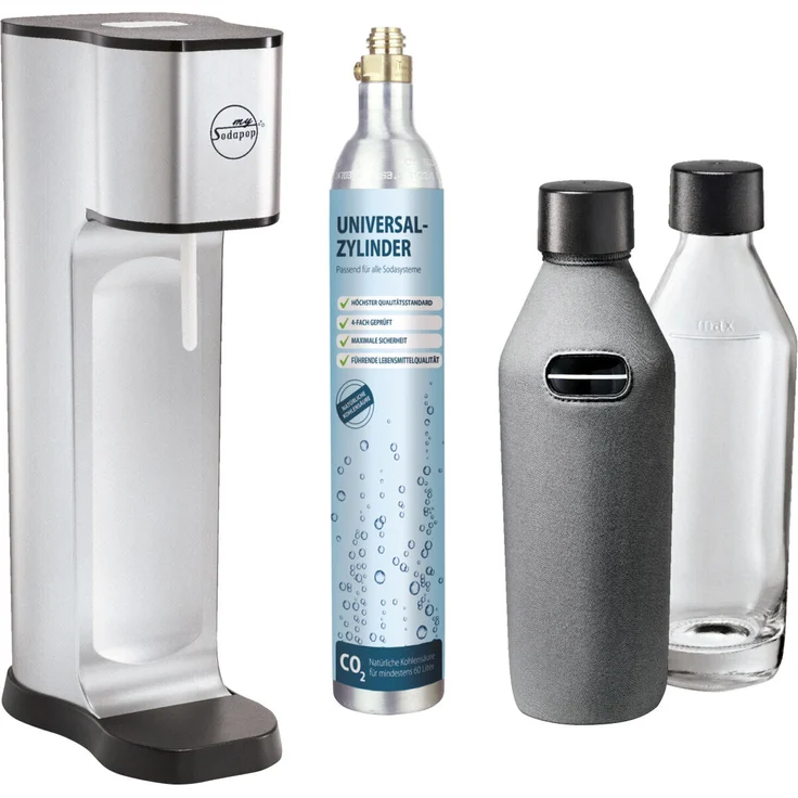 Sodapop Joy Prestige metal silver inklusive 2 Glaskaraffen 2 Neopren Bottle-Shirts und 1 CO2-Zylinder für 60L Sprudelwasser Soda Wasseraufbereiter Trinkwassersprudler – Bild 1