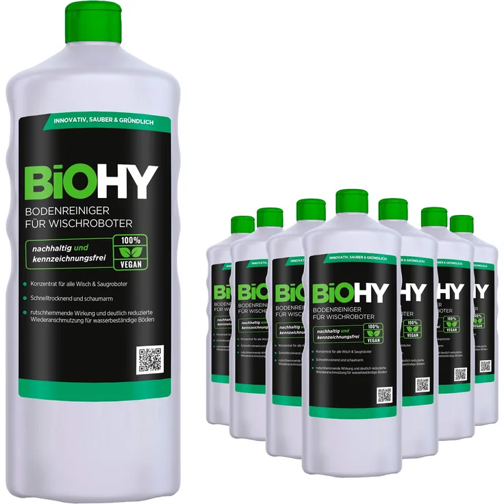BIOHY Bodenreiniger für Wischroboter (9x1l Flasche) | Konzentrat für alle Wisch & Saugroboter mit Nass-Funktion