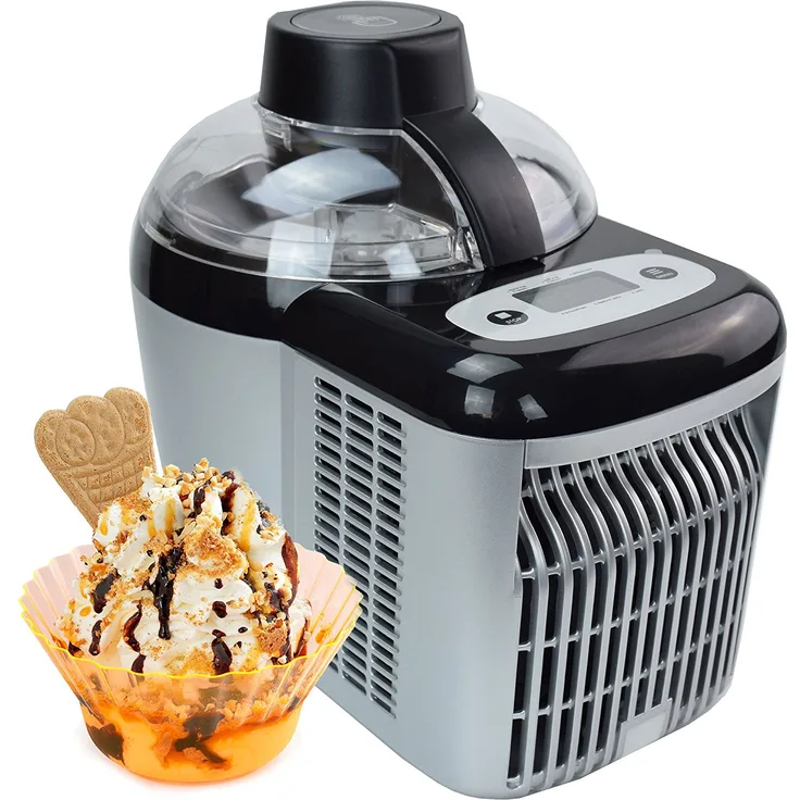 GinoGelati GG-90W Eis Chef Speiseeismaschine mit Kompressor, 90 Watt, 0,7 Liter, für Speiseeis, Sorbets, Frozen Joghurt, Softeis, silber, schwarz