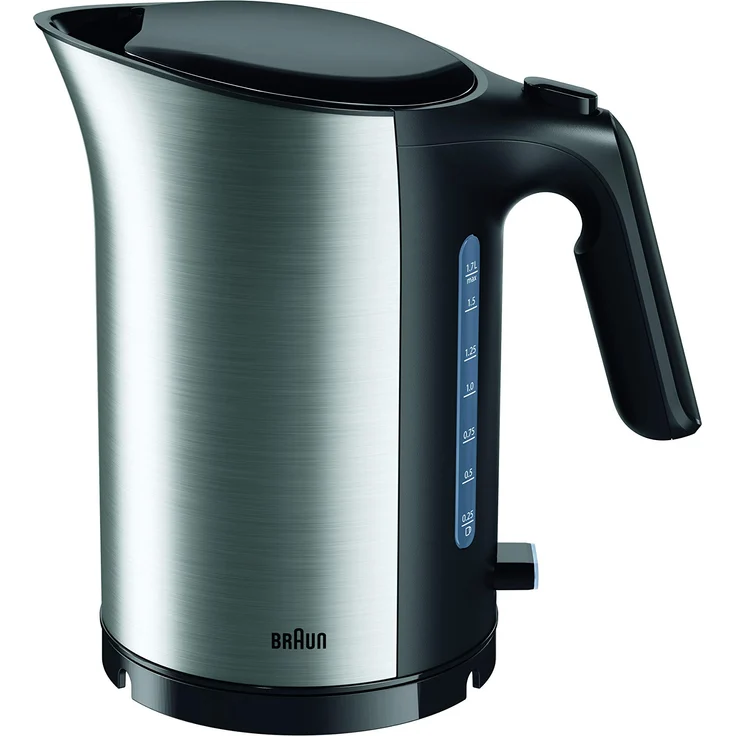Braun WK5100BK Wasserkocher, Leistung 2200 W, 1,7 l, herausnehmbarer Kalkfilter, Deckel mit einfacher Öffnung, transparentes Wassermessgerät, Schwarz und Silber