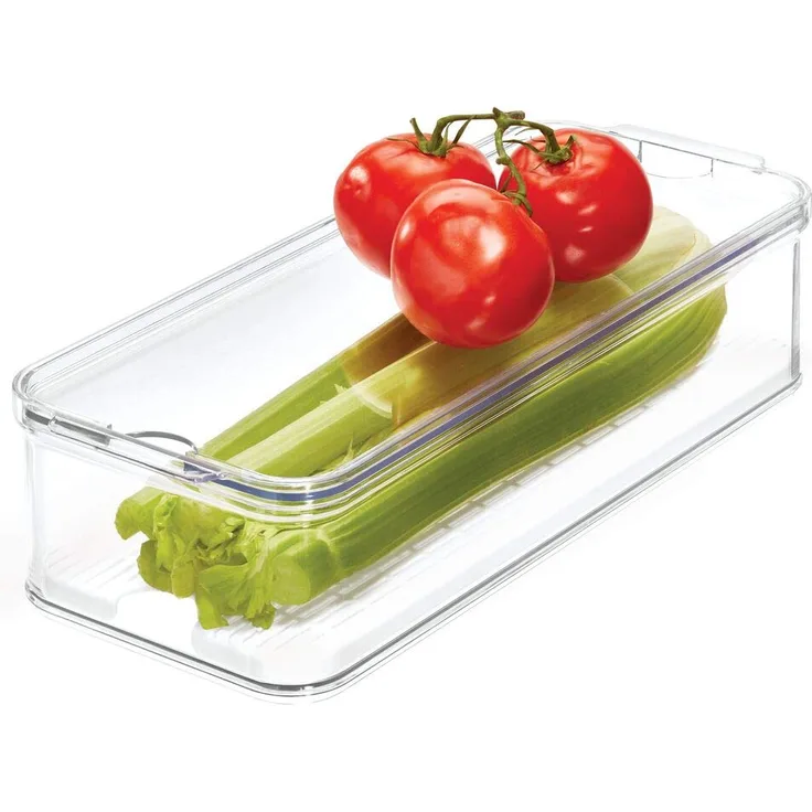 iDesign Crisp Aufbewahrungsbox für den Küchen-oder Kühlschrank, stapelbare Frischhaltebox aus Kunststoff, Vorratsbehälter mit Deckel & Einsatz, durchsichtig und weiß, 39,9 cm x 16,1 cm x 9,6 cm