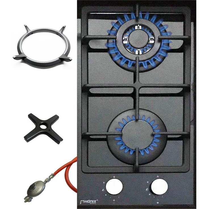 Phönix 102GBT Gaskochfeld Glas Gaskocher 2 flammig, Guss Wok Aufsatz + Herdkreuz