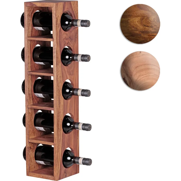FineBuy Weinregal Massiv-Holz Flaschen-Regal Design Wandmontage für 5 Flaschen Holzregal modern mit Ablage 70 cm