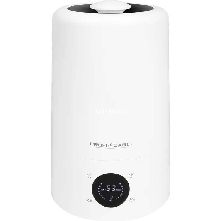ProfiCare Luftbefeuchter PC-LB 3077, Ultraschalltechnologie für Räume bis zu 60m², aktiver Karobfilter, 5 Liter Wassertank, 3 Betriebsmodi, Multifunktions LED-Display, Sensor Touch-Bedienung, weiß