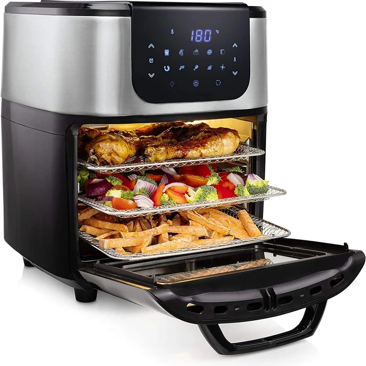 Princess 182075 Aerofryer-Ofen DeLuxe 80-200°, 10 Vorprogramme, inkl. Rotierkorb, Drehspieß, 3 Backbleche, Krümelblech, Griff, 1800, 11 liters, Schwarz-Silber – Bild 1