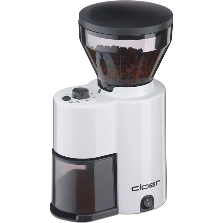 Cloer 7521 Elektrische Kaffeemühle mit Kegelmahlwerk, 2-12 Tassen, 300 g Kaffeebohnen, 150 W, verstellbarer Mahlgrad, Kunststoff, weiß – Bild 1