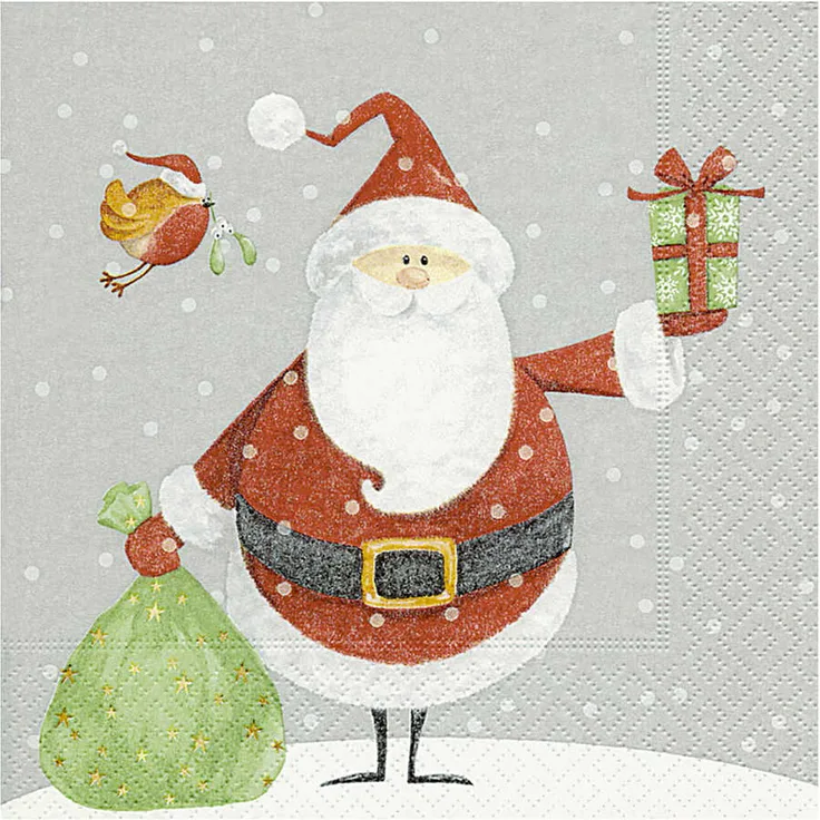 Servietten, Größe 33x33 cm, Weihnachtsmann mit Geschenkesack, 20Stck.