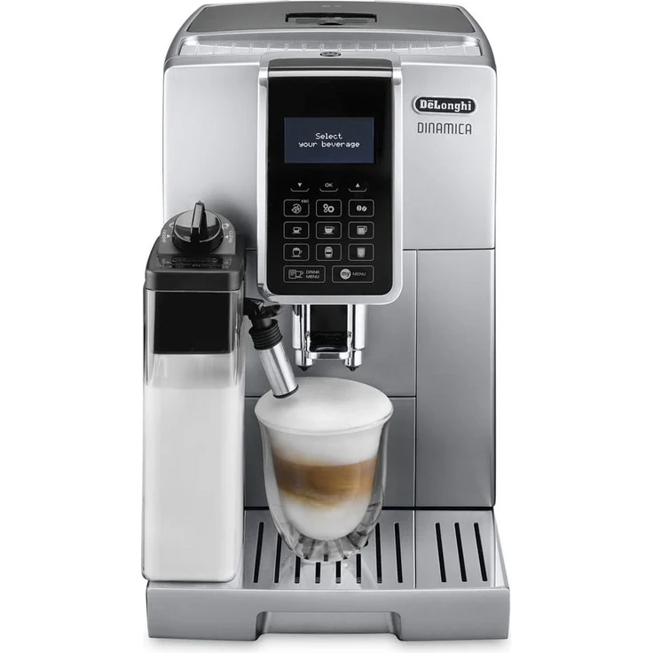 De'Longhi Dinamica ECAM 350.75.S Kaffeevollautomat mit Milchsystem und integriertem Mahlwerk, Cappuccino und Espresso und auf Knopfdruck, Digitaldisplay mit Klartext, 2-Tassen-Funktion, Großer 1,8 Liter Wassertank, silber – Bild 1