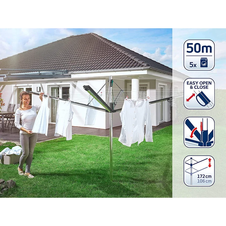 Leifheit Wäschespinne Linomatic 500 Plus, 50 m Leinenlänge, Wäscheschirm inkl. Bodenhülse, mit Leineneinzug, höhenverstellbar, anthrazit (85276) – Bild 4