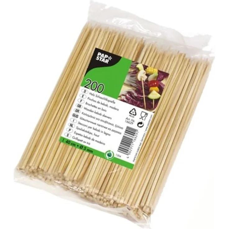 Papstar Schaschlikspieße - Holzspieße ''pure'' (200 Stück) aus stabilem Birkenholz, extra große Länge 40 cm, Durchmesser 0.5 cm, einseitig spitz, flache Seite zum Greifen, für Partys-Grillfeste, #16629