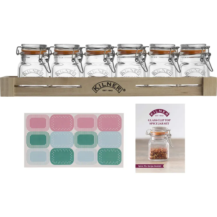Kilner 6 Bügelverschluss im Holzkasten, Länge 33 cm Gewürzglas, Glas, transparent, One Size