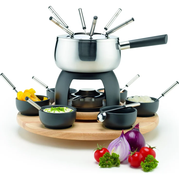 Mäser 931229 Fondue-Set 23-teilig, Edelstahl Fonduetopf inklusive Spritzschutz, Rechaud, Drehkarussell aus Holz, Fonduegabeln, Schälchen, Grau-Schwarz – Bild 1