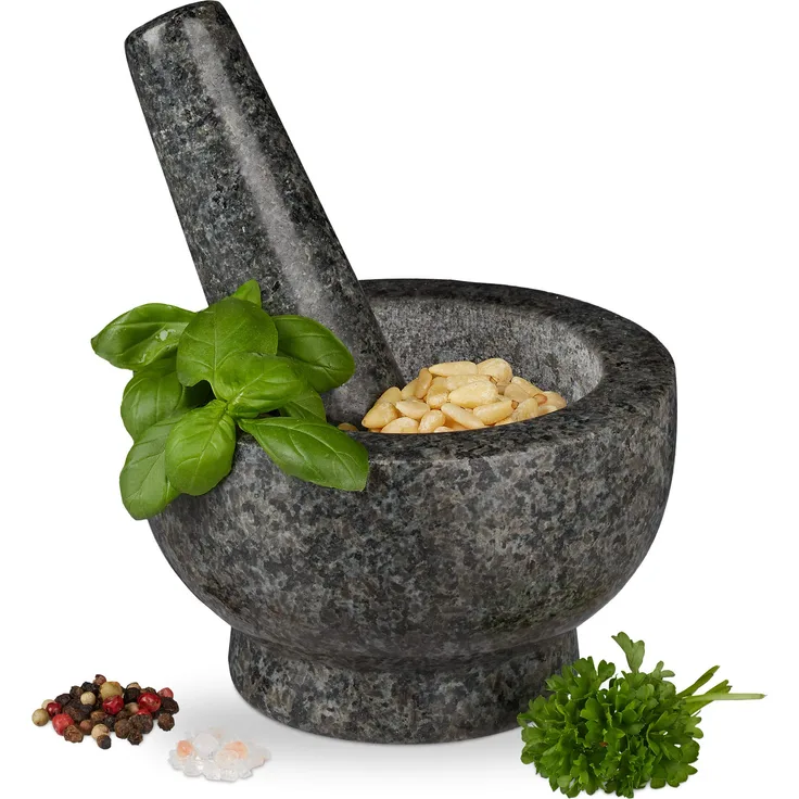 Relaxdays Granit Mörser mit Stößel, robust & langlebig, Gewürze, Kräuter, polierter Steinmörser, Ø 13 cm, 250 ml, grau