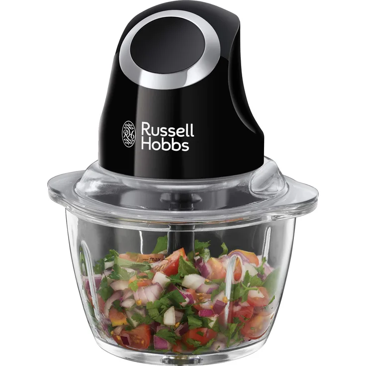 Russell Hobbs Zerkleinerer 24662-56, 200 Watt, 500ml Glasbehälter inkl. Deckel, Ein-Hand-Bedientaste, für Gemüse, Obst & Fleisch, matt schwarz