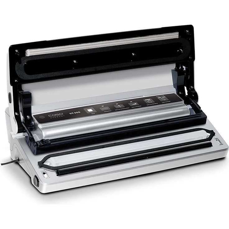 Caso VC300 Vakuumierer, 120W, Vakuumiergerät, Lebensmittel 8x länger frisch, doppelte Schweißnaht, regulierbare Vakuumstärke, inkl. Folienbox, Cutter, 2 Profi-Folienrollen, Schlauch für Vakuumbehälter, Kunststoff, silber – Bild 2