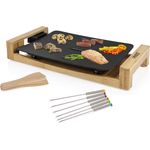 Teppanyaki Grillplatte & 6 Gabeln, elektrischer Tischgrill schwarz Bambusrahmen