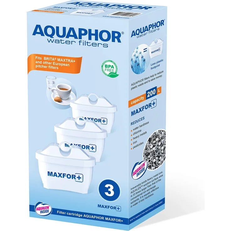 AQUAPHOR MAXFOR+ Pack 3 Wasserfilterkartusche-gegen Kalk, Chlor & weitere unerwünschte Stoffe, Mit patentiertem AQUALEN, Weiß, 200 l