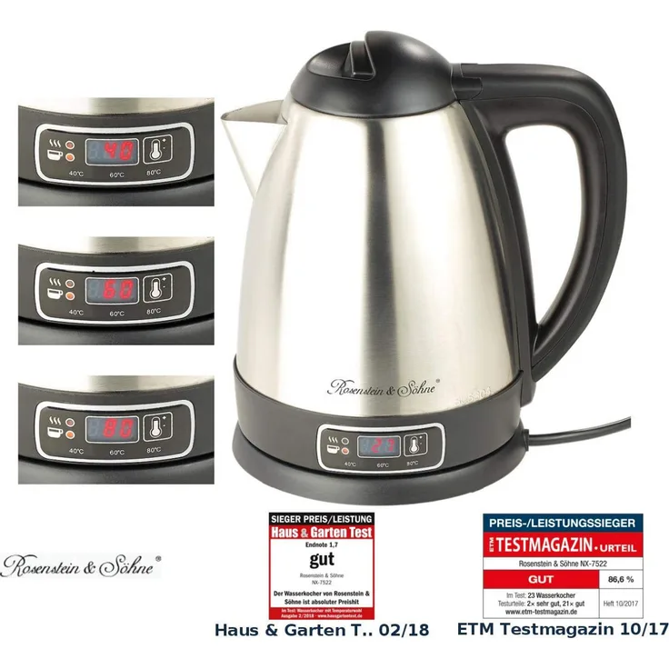 Rosenstein & Söhne Edelstahl-Wasserkocher, 1830W, 1,8L, Temperaturwahl, Warmhaltefunktion, silber, schwarz