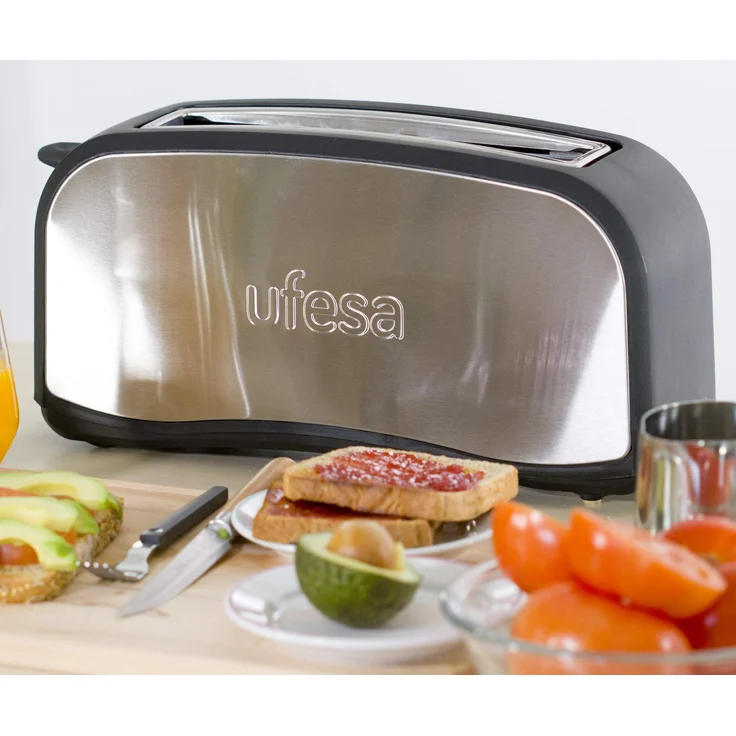 Ufesa TT7965 Óptima TT7965-Toaster, Langeschlitz, 1000W, 6 Positionen, Abtaufunktion, 1000, Edelstahl, Silber-Schwarz
