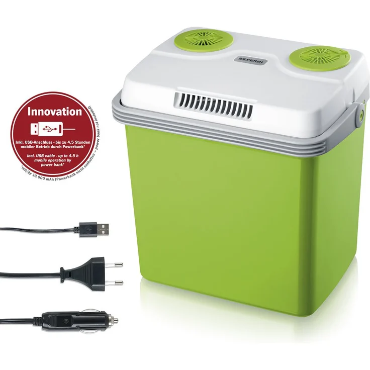 Severin KB 2923 Elektrische Kühlbox, Energieeffizienzklasse E, mit Kühl- und Warmhaltefunktion, 25 L, inkl. 3 Anschlüssen: Netzanschluss, zusätzliche 12 V-Anschlussleitung für Zigarettenanzünder und USB-Anschluss, grün, weiß – Bild 2