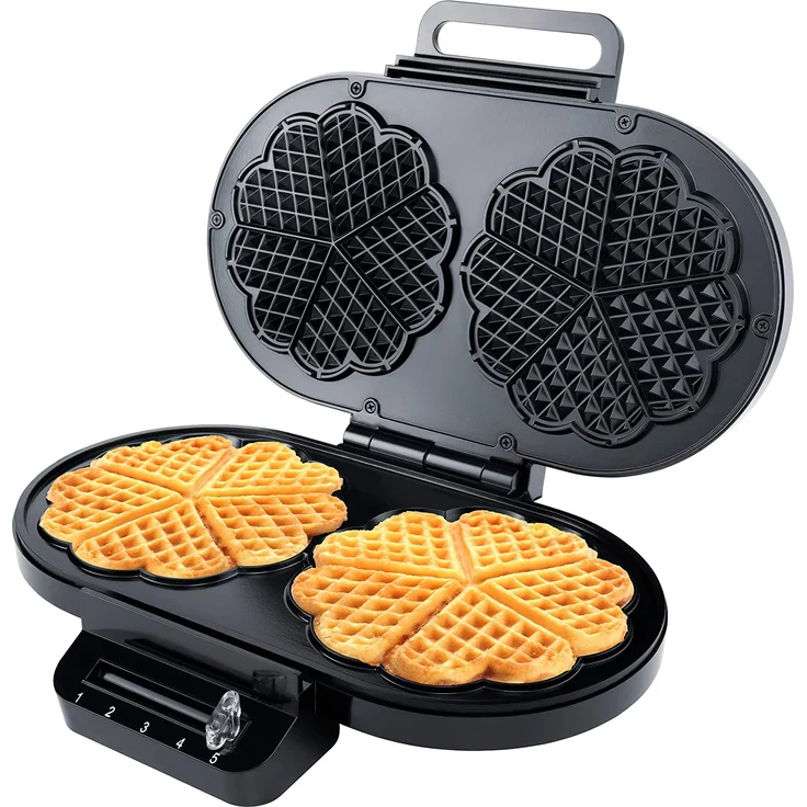 Steba Waffeleisen WE 2, für 2 x 5 Herzwaffeln, 15,5 cm Durchmesser, Fettarmes Backen duch Antihaftbeschichtung, Wärmeisolierter Handgriff, Betriebskontrollleuchte, Temperaturkontrollleuchte, 1400 W – Bild 2