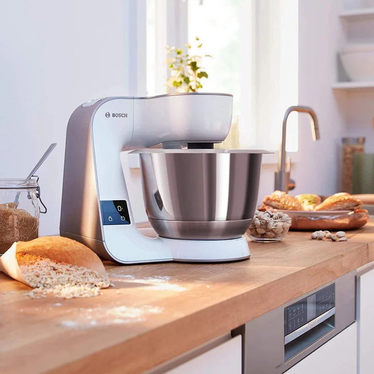 Bosch MUM5XW20 Küchenmaschine, 1000W, 3,9 L Edelstahlschüssel, inkl. Patisserie-Set, Durchlaufschnitzler, integrierte Waage, Standmixeraufsatz, weiß-champagner, Serie: MUM5 – Bild 2