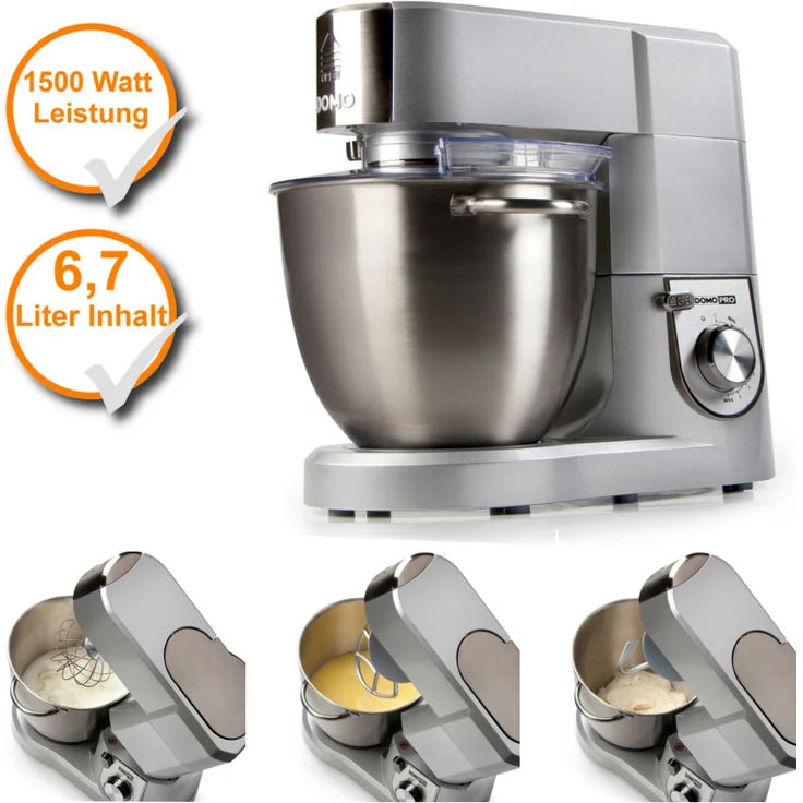 Küchenmaschine mit 6,7 Liter Schale aus gebürstetem Edelstahl, inklusive Knethaken, Rührbesen, Schneebesen mit variabler Drehzahlregelung und Pulsfunktion, silber Domo DO9079KR – Bild 2