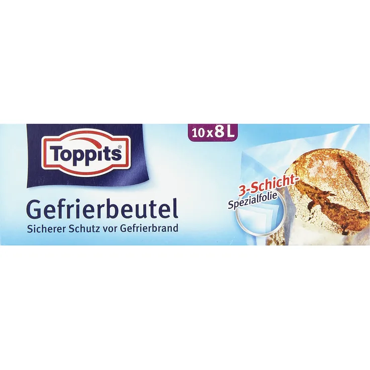 Toppits Gefrierbeutel, 8 Liter, Standboden, 10 Stück, Transparent