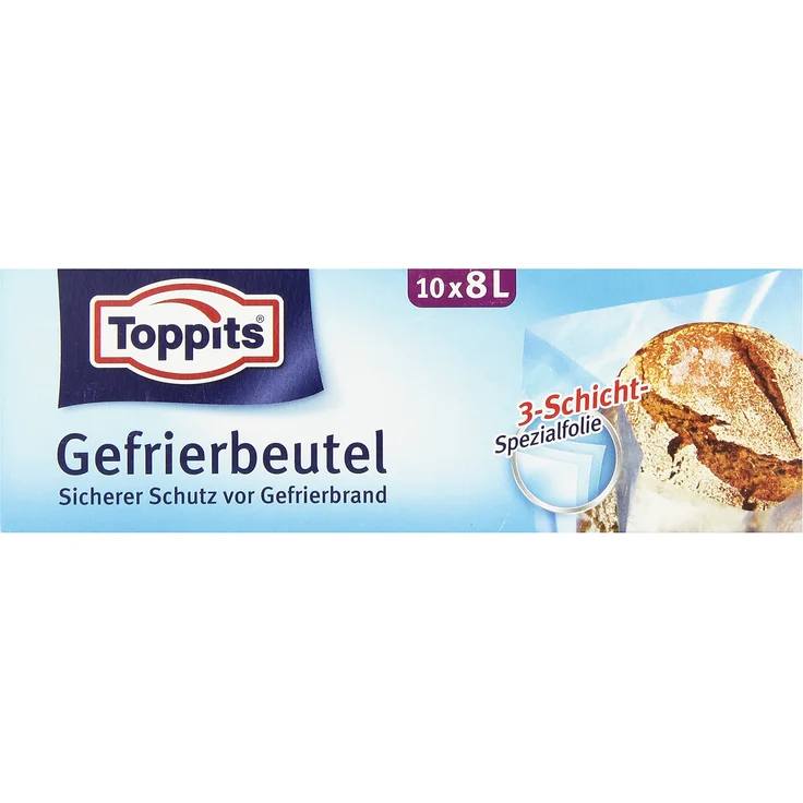 Toppits Gefrierbeutel, 8 Liter, Standboden, 10 Stück, Transparent