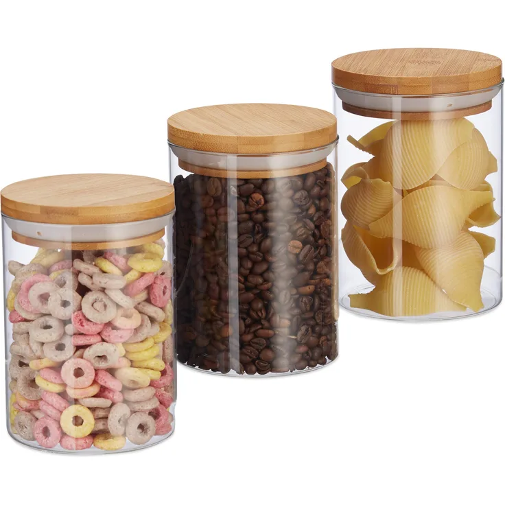 Relaxdays Vorratsdosen Glas, 3er Set, für Pasta, Reis, Müsli, Kaffeebohnen, Volumen 600 ml, HxD 14x9,5 cm, Bambus, natur