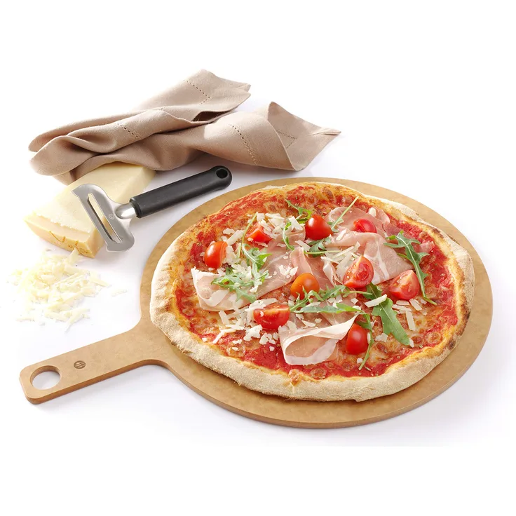 HENDI Pizzabrett, Pizzaschaufel, Pizzaschieber, Pizza Board, Servierbrett, mit Griff, Geschirrspülmaschinengeeignet, ø254x(H)6mm, Holzfaser