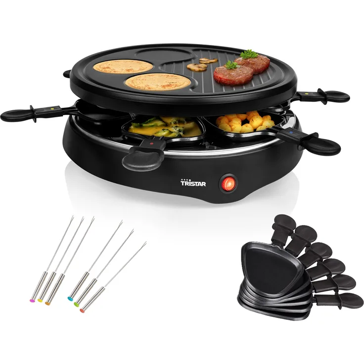RACLETTE 6 Personen Tischgrill mit Gabeln, Grillplatte rund Crêpefläche 800W