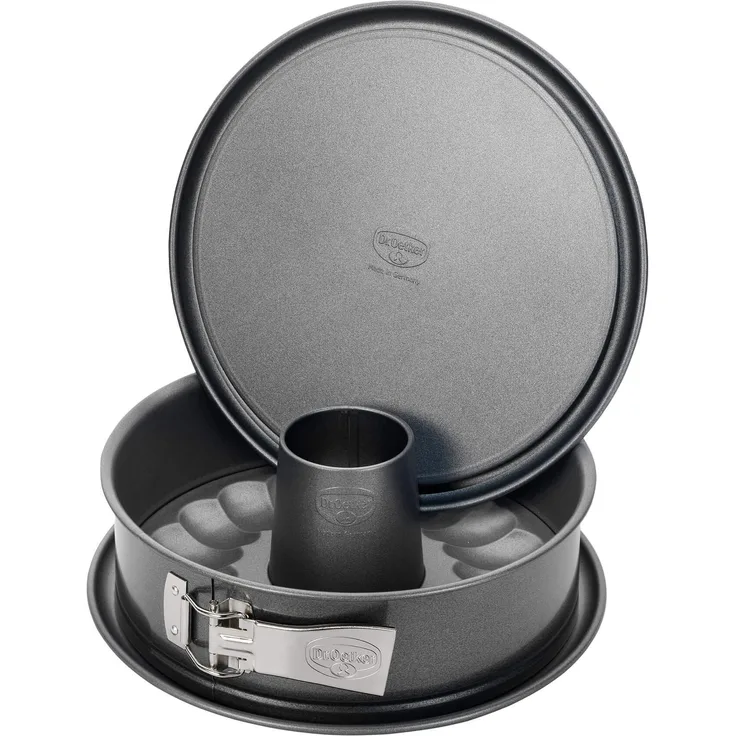 Dr. Oetker Springform mit Flach- und Rohrboden Ø 26 cm, auslaufsichere Kuchenform mit 2 Böden, runde Backform aus Stahl mit keramisch verstärkter Antihaft-Beschichtung (Farbe: grau), Menge: 1 Stück