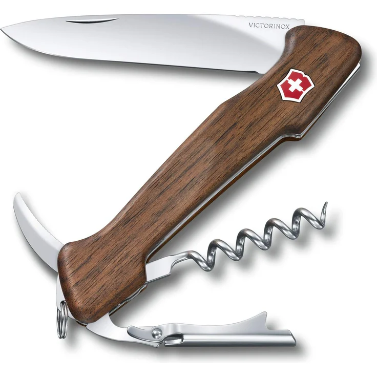 Victorinox Wine Master Taschenmesser, mit Holzgriff, 6 Funktionen, Korkenzieher, 2-Stufige Stütze, Lederetui, nussbaumholz