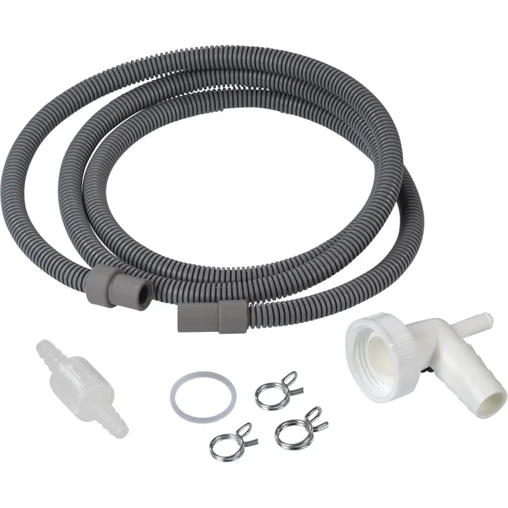 Xavax 7-teiliges Ablaufschlauch-Set für Trockner (Ablaufschlauch 1,5m, Siphonanschluss inkl. Dichtungsring, 3 Schlauchschellen und Rückschlagventil)