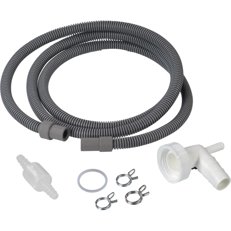 Xavax 7-teiliges Ablaufschlauch-Set für Trockner (Ablaufschlauch 1,5m, Siphonanschluss inkl. Dichtungsring, 3 Schlauchschellen und Rückschlagventil) – Bild 1