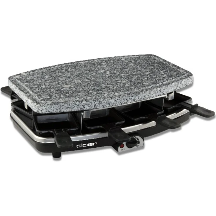 Cloer 6430 Raclette-Grill mit Naturstein, 1200 Watt, 8 Pfännchen antihaftbeschichtet mit wärmeisolierten Griffen – Bild 2