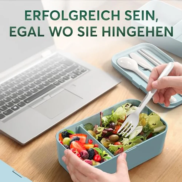 UMAMI Bento Lunchbox für Erwachsene mit Besteck, 2 Saucenbehältern, auslaufsicher, ideal für Salat und Snacks, 2 Etagen mit Fächern, leicht zu reinigen – Bild 7