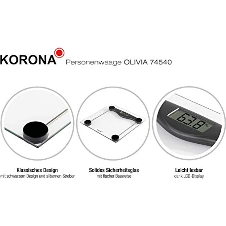 Korona 74540 Olivia Glas-Personenwaage, solide und stabile Bauweise, schwarz, digital 180 kg Tragkraft, 100 Gramm Einteilung – Bild 5