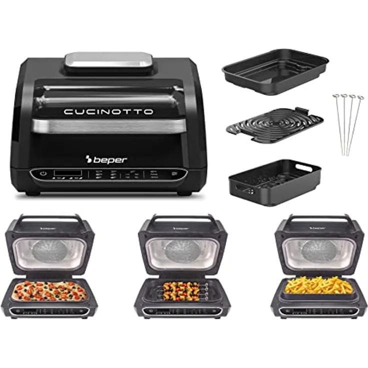 BEPER CUCINOTTO Grill und Heißluftfritteuse mit 8 Programmen - Heißluftfritteuse, Grill, BBQ, Backofen, Pizzaofen, Dörrautomat, Bratfunktion