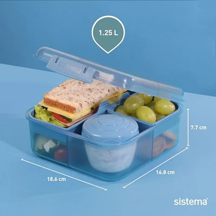 Sistema Ocean Bound Kunststoff-Bento-Box, 1,25 l, quadratische Lunchbox mit Joghurt-/Obst-Topf, BPA-frei, aus recyceltem Kunststoff, Blaugrün oder Blau | 1 Stück – Bild 4