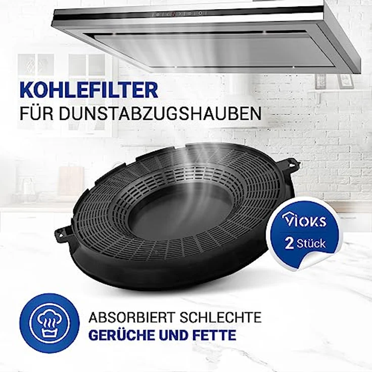 VIOKS Set 2x Dunstabzug Filter 236mmØ - Aktiv Kohlefilter für AEG, Electrolux, Whirlpool, Elica, Zanussi Dunstabzugshauben - Schwarz, rund, effektive Geruchs- und Fettbeseitigung – Bild 2