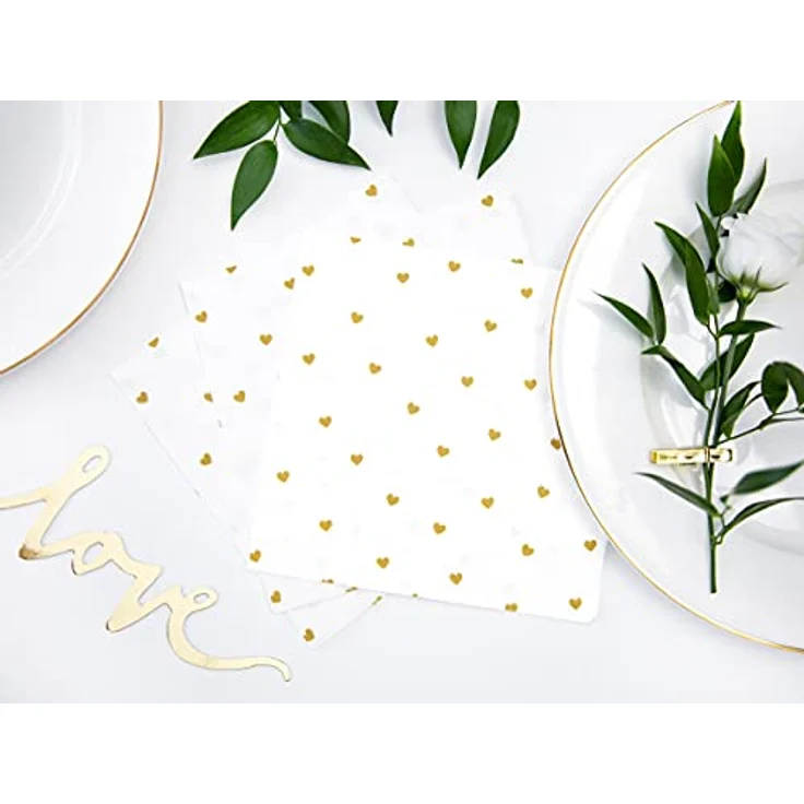 PartyDeco Weiße Servietten mit goldenen Druck von Herzen- Dekoration Servietten für Geburtstag Valentinstag Hochzeit Flitterwochen- Taschentücher gedruckt Tischdekorationen – Bild 4
