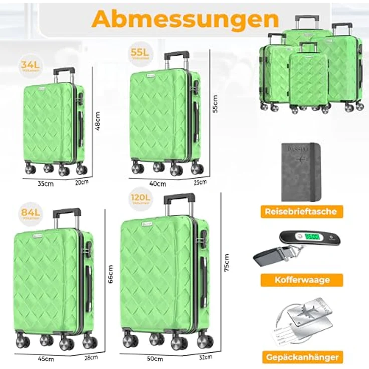 KESSER® Reisekoffer Set 4-teilig, ABS Hartschalenkoffer mit Zahlenschloss, Kofferwaage & Reisebrieftasche, 360° Rollen, Handgepäck & große Koffer für Business & Reise, Apple Green – Bild 2