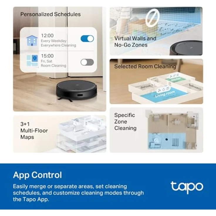 TP-Link Tapo RV20 Max 5300Pa Staubsauger- und Wischroboter mit MagSlim™ LiDAR-Navigation, ultra-schlankem Design in 83 mm, anpassbarer Reinigung, automatischer Aufladung und Sprachsteuerung – Bild 7