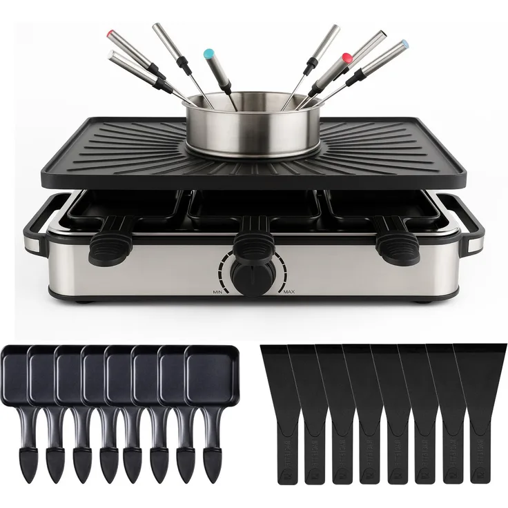 HaushaltO Raclette Set für 8 Personen, Grillplatte & Steinplatte, 1400 W, antihaftbeschichtet, inklusive 8 Raclettepfännchen und Schaber