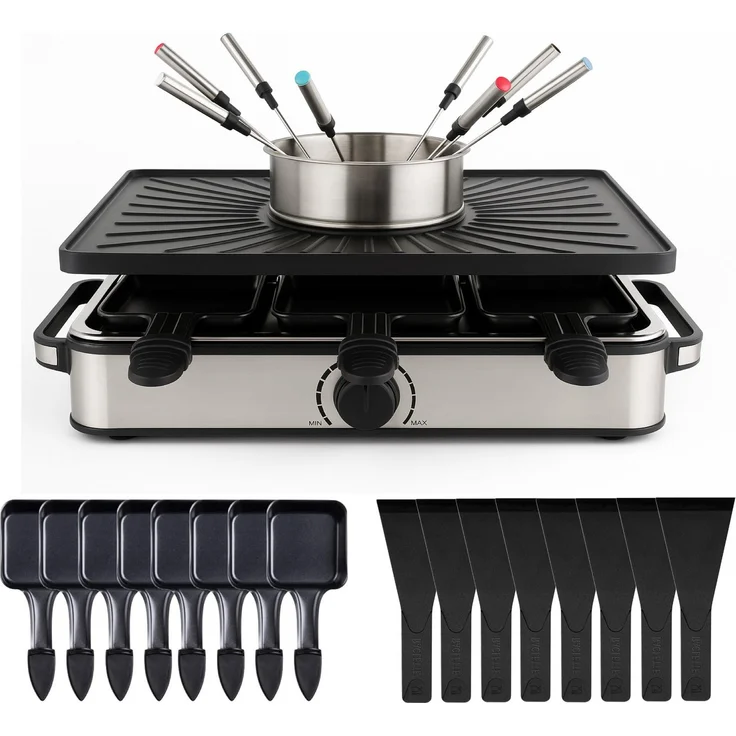HaushaltO Raclette Set für 8 Personen, Grillplatte & Steinplatte, 1400 W, antihaftbeschichtet, inklusive 8 Raclettepfännchen und Schaber