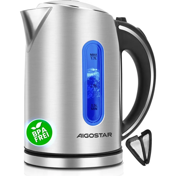 Aigostar Wasserkocher King, Edelstahl, 1,7L, 2200W, mit Kalkfilter, LED-Beleuchtung, Wasserstandsanzeige, Abschaltautomatik, BPA-frei