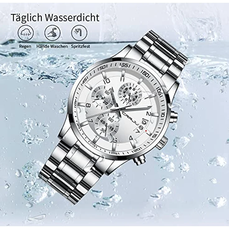 CRRJU Herren Chronograph Armbanduhr, wasserdicht, Edelstahlarmband, analoges Quarzwerk mit Kalender, Silber – Bild 2